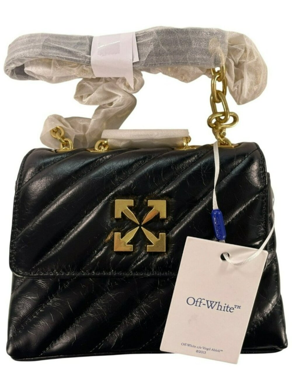 Off-White Jackhammer 17 Quilted Leather Handbag Gold Chain Black MSRP$1200 NEW